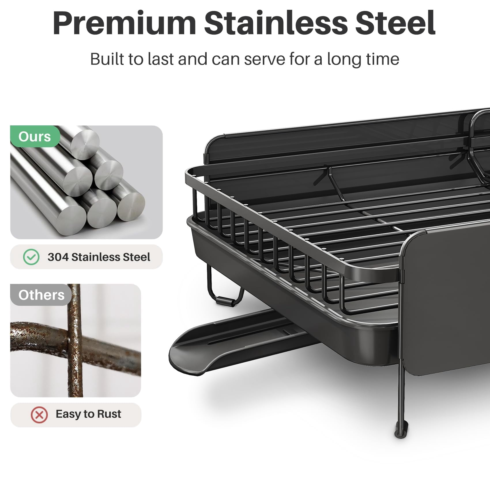 Dish Drying Rack Black Stainless Steel Expandable for Kitchen Counter