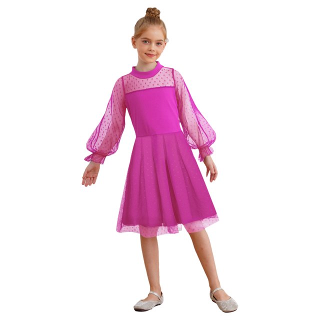 inlzdz Robe en Maille Contrastée à Pois à Manches Longues Bouffantes pour Filles, Décontractée, Ligne A Évasée, Patineuse, Robe de Fête, Rose Vif 140