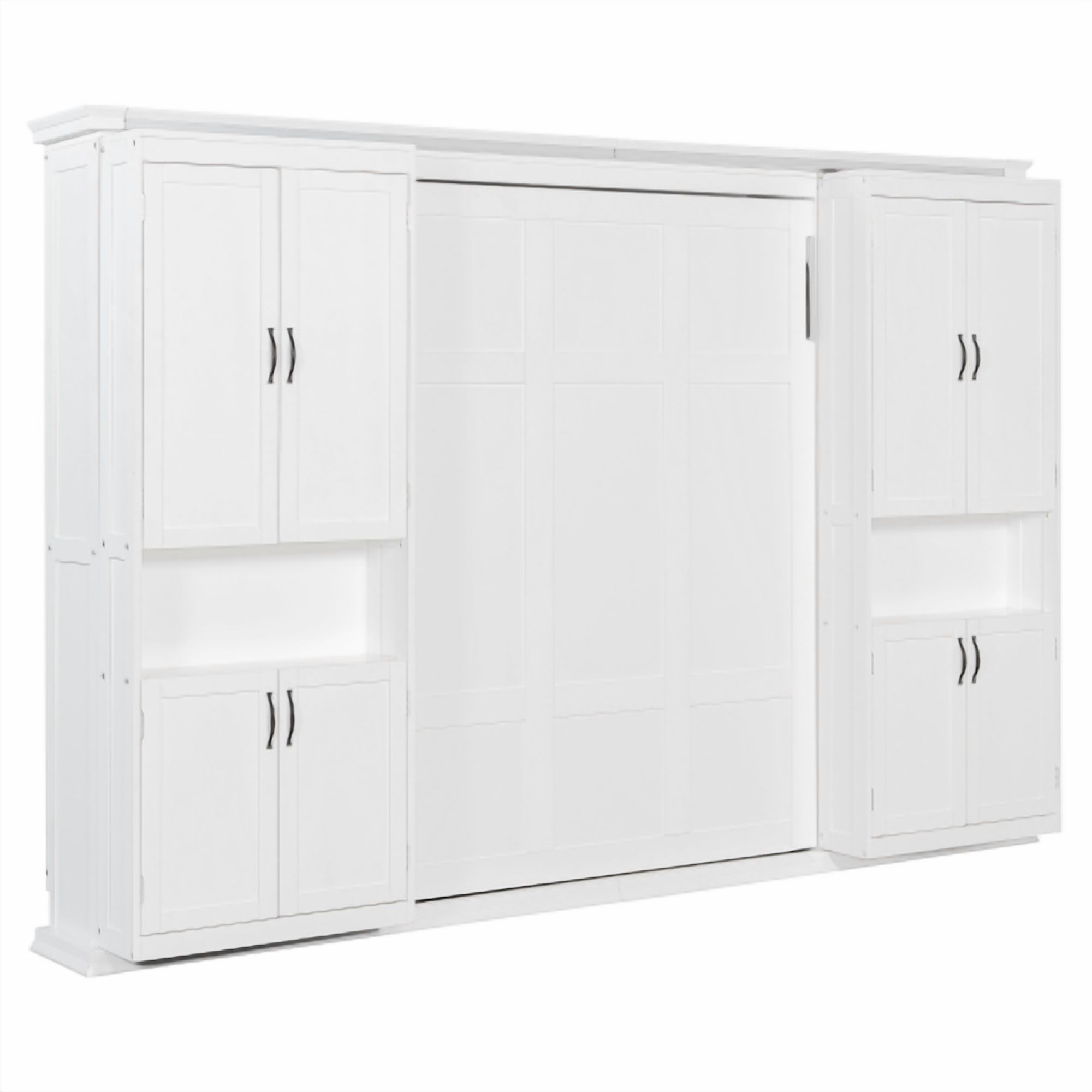 Full-Size Murphy Bed with 2 Sliding Cabinets and 12 Open Shelves, Hydraulic Hidden Wall Bed System, Space-Saving Design for Modern Homes, White