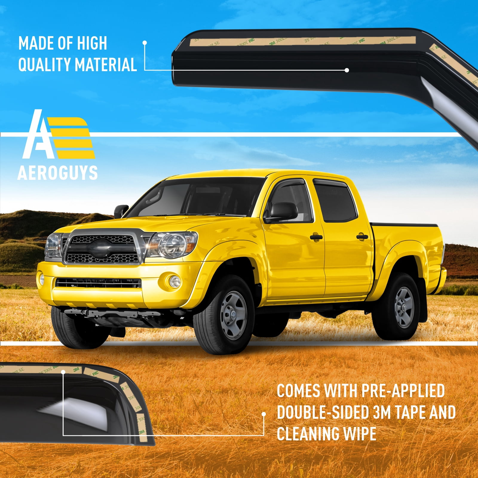 AEROGUYS Extra Durable Window Deflectors in-Channel Window Visors Rain Guards Fit for Toyota Tacoma 2005-2015 Double Cab, Sun Visors, Wind VentVisors, Exterior Truck Accessories - 4 pcs. AG0742