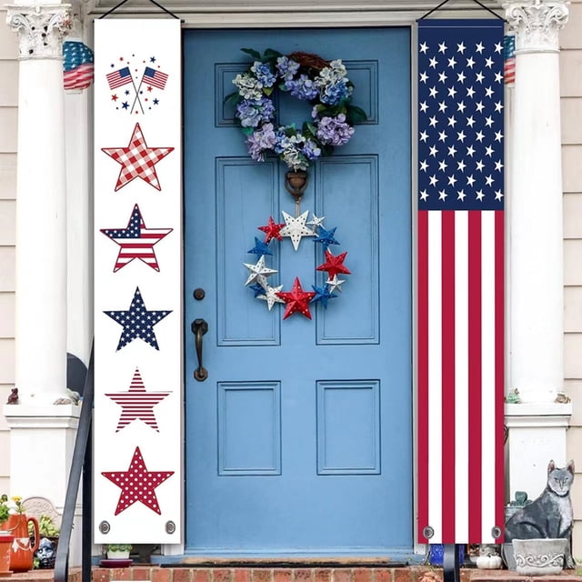 Qaailabf Patriotic Welcome Couplet Flags Set of 2 Independence Day Porch Banner 71x12 Inch Polyester Hanging Decorations Fourth of July Memorial Day Outdoor Indoor Banners Red White Blue Weather