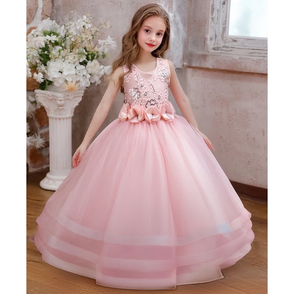 Girls Pageant Princess Sleeve Flower Ball Gown Dress, Kids Wedding Bridesmaid Pageant Party Formal Long Gown Princess Tulle Floral Embroidery Girl Birthday Party Dresses - 2-10T