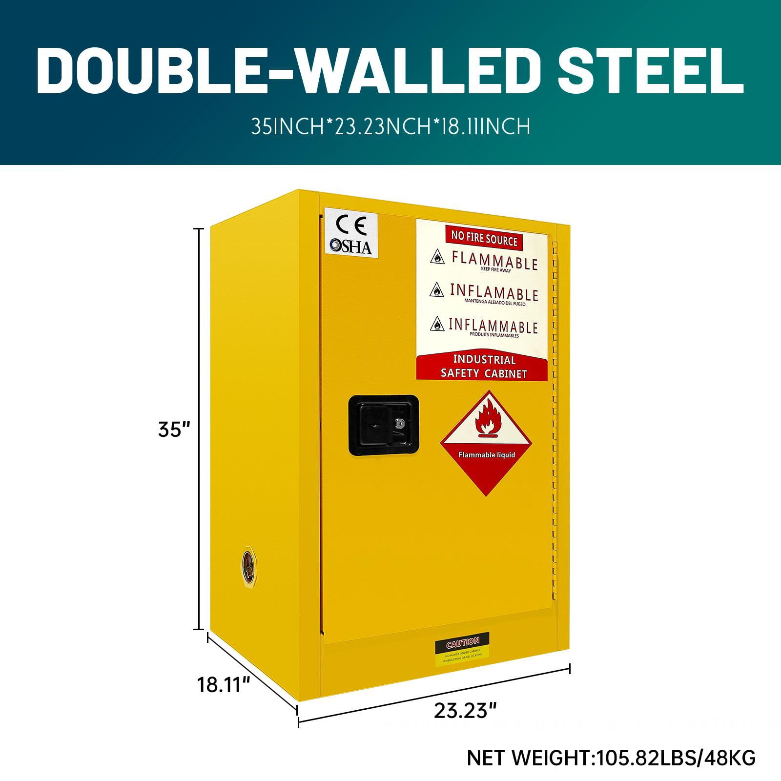 Flammable Safety Cabinet, 35" Double-Walled Steel Fireproof Cabinet with 3-Point Lock, 180° Hinge Door, Yellow Industrial Chemical Storage Cabinet for Lab, Workshop, Garage