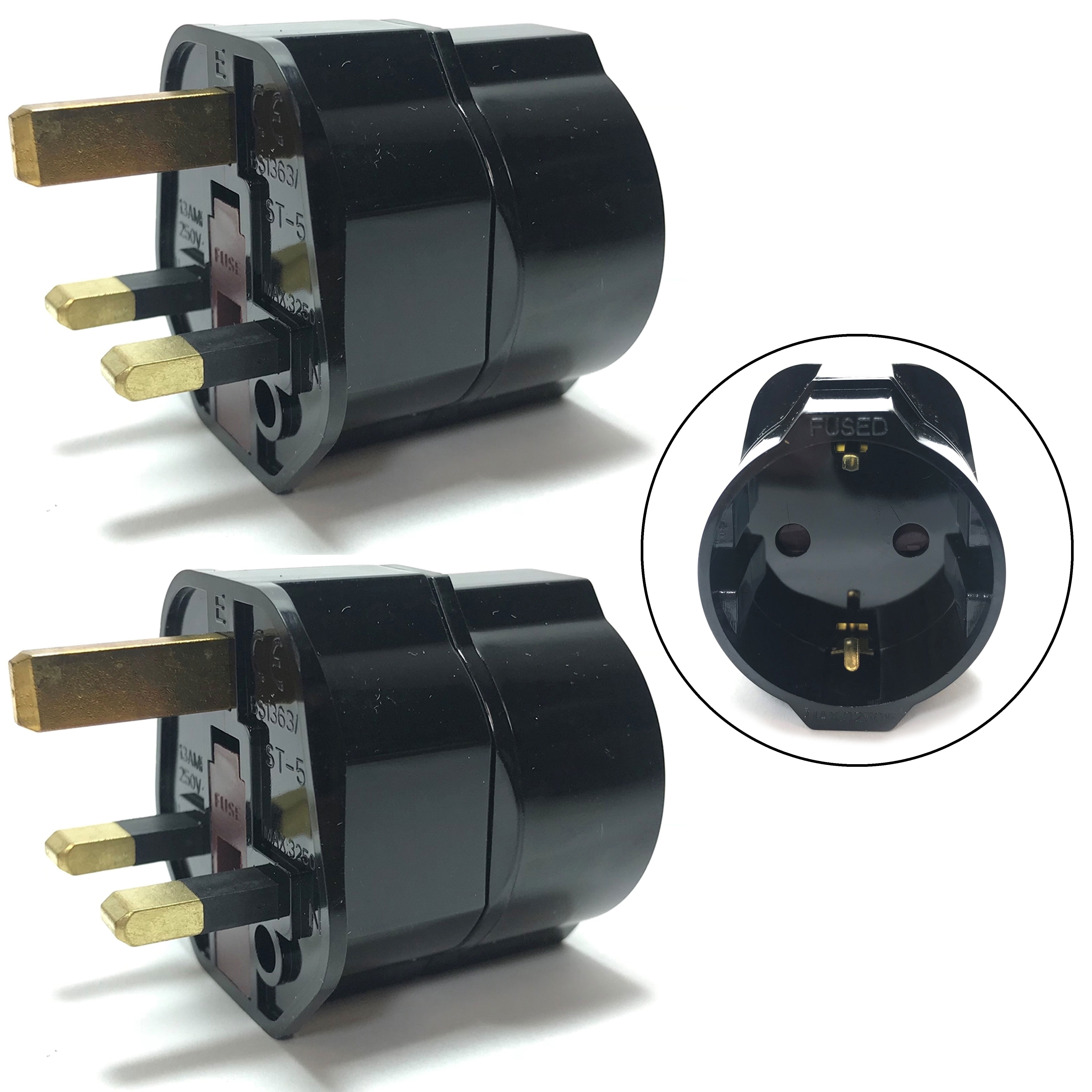 2 x Quality 3 Pin Travel Plug Adaptor 13 Amp Safety Tested Europe to UK 