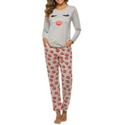 Sylvamorning Women Pajamas Eyes Eyelash Printed Top Pants Sleepwear Set Homewear