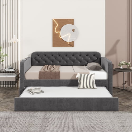 Harper & Bright Designs Twin Size Upholstered Daybed with Trundle, Velvet Sofa Bed Frame with USB Charging, Dark Gray