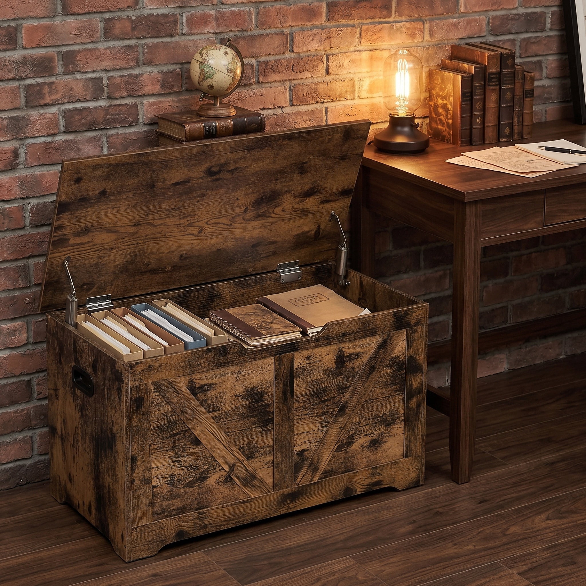 Nordic Hygge Rustic Brown Farmhouse Storage Chest with 2 Safety Hinges