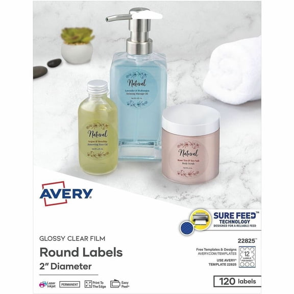 Avery Printable Round Labels, 2", Glossy Clear, 120 Labels (22825)