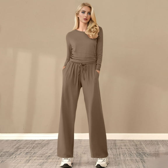 Women's Fall Two Piece Outfits Track Suits Long Sleeve Crop Tops Tee Shirts Wide Leg Pants Matching Sets Insulated Overalls Women Interview Pants Suits for Women Womens Pantsuit Women Gear Snowmobile