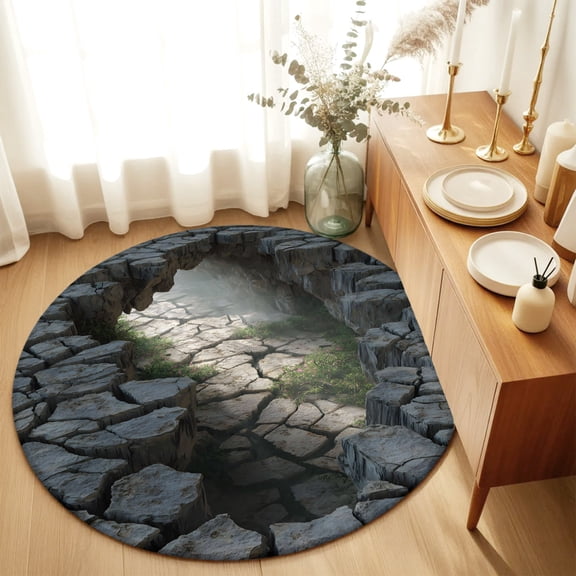 Round Rugs 3Ft, 3D Cracked Ground Round Area Rug Washable Indoor Throw Carpet, Path Modern White Stone Surface Small Non Slip Circle Rug for Bedroom Living Room Home Decor Aesthetic