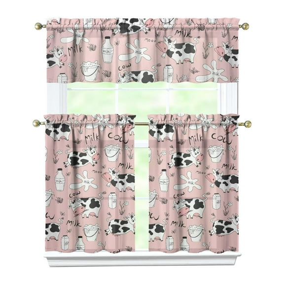 Kitchen Curtains 36 Inch Short - 3 Panel Set, Cute Cow Print Farmhouse Curtains, Rod Pocket, 100% Polyester for Rustic Farm, Kitchen, Cafe, Living Room, Easy Wash