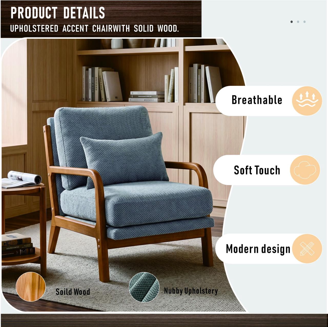 Homy Casa Mid-Century Modern Accent Chair, Textured Fabric Reading Armchair with Wood Frame, Gray