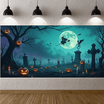 Glow in Dark Halloween Background Spooky Cemetery Full Moon Tombstones Jack O Lantern for Party Decoration Holiday