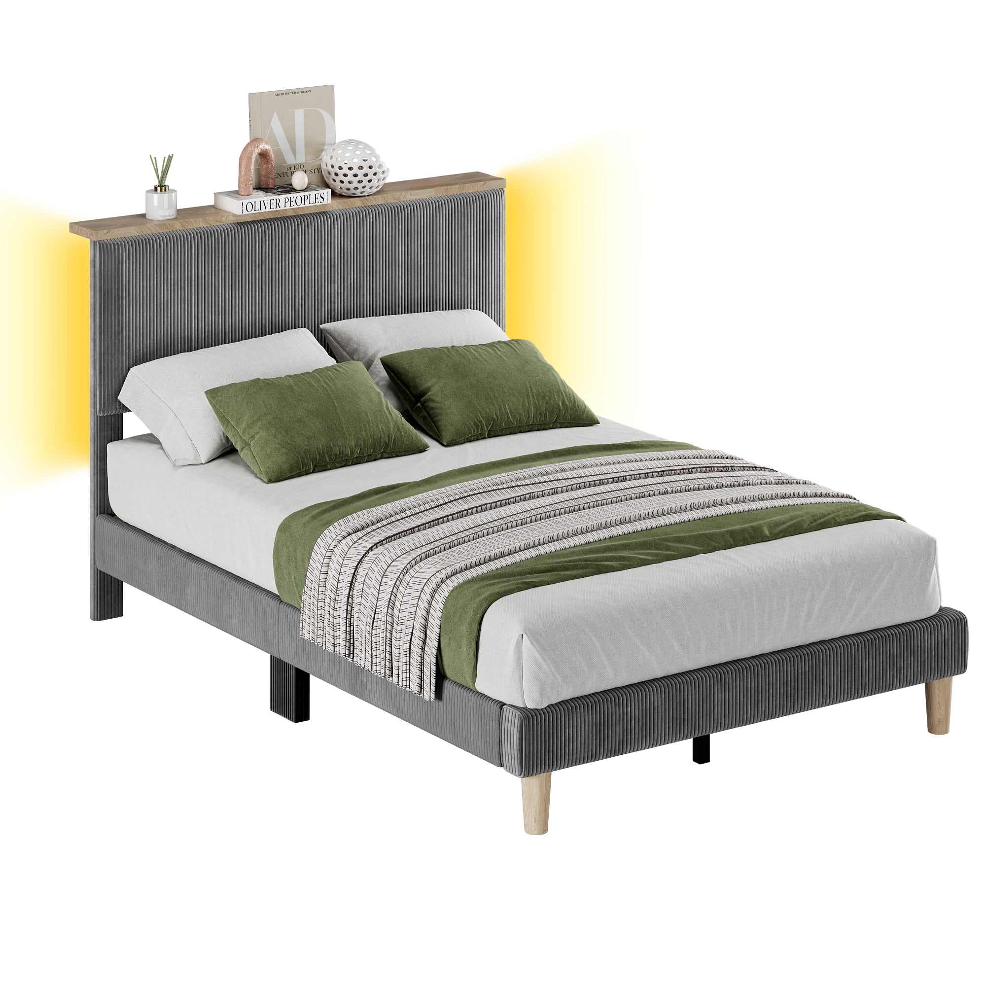 Bestier Twin Size Bed Frame Upholstered Platform Bed with LED Light & Adjustable Storage Headboard, Gray