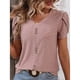 thumbnail image 2 of Camiseta con cuello en V para mujer, mangas cortas de pétalos, botón frontal, blusas holgadas informales, color rosa XXL, 2 of 6