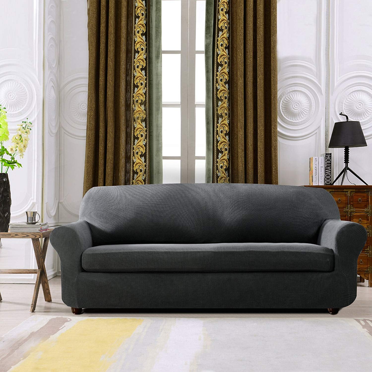 Subrtex Stretch 2-Piece Textured Plaid Loveseat Slipcover, Gray