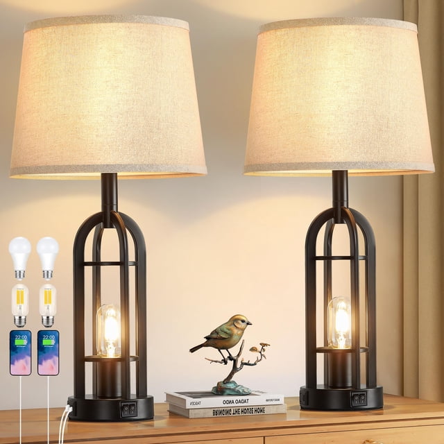 Lámpara SRJJA de 61 cm estilo farmhouse, juego de 2, con puertos USB A+C