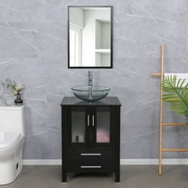 Eclife 24" Black Bathroom Vanity Set with Wood Top, Clear Glass Sink, Water Saving Faucet, Pop up Drain Combo
