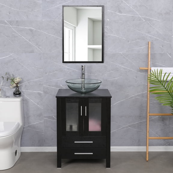 Eclife 24" Black Bathroom Vanity Set with Wood Top, Clear Glass Sink, Water Saving Faucet, Pop up Drain Combo