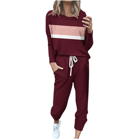 YUGYXL Lounge Sets for Women Sweatsuits Sets Two Piece Outfit Long Sleeve Pant Workout Athletic Tracksuits Wine M