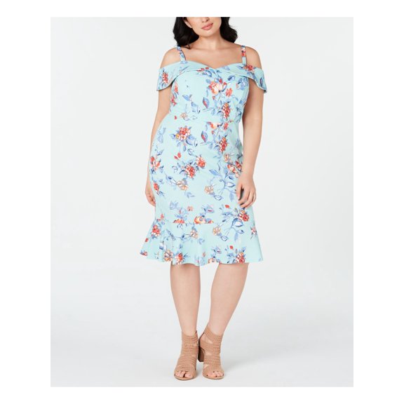 LOVE SQUARED Womens Aqua Floral Off Shoulder Below The Knee Fit Flare Dress Plus 2X