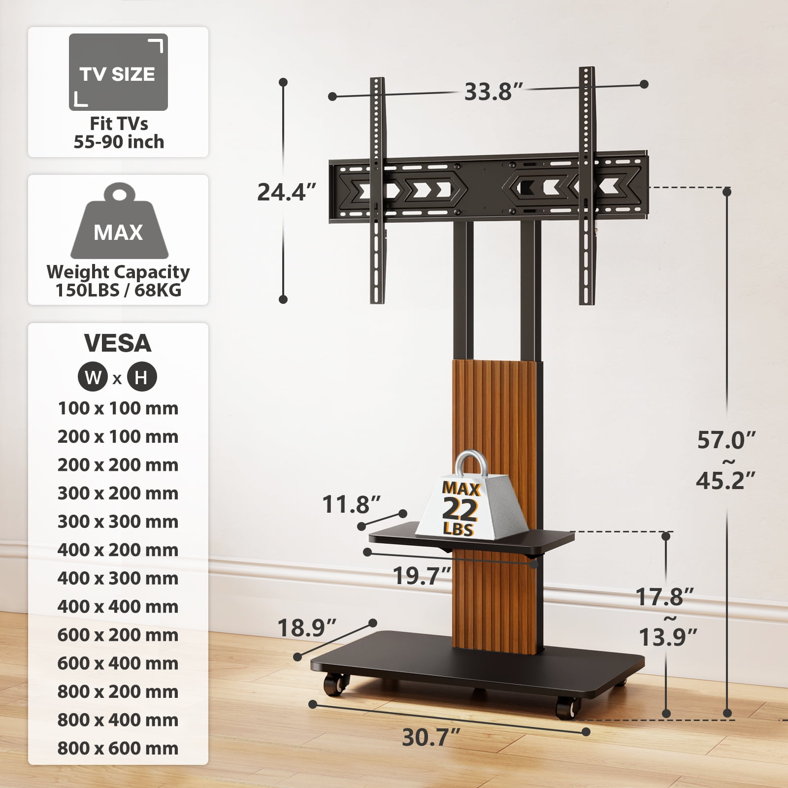 TAVR Heavy Duty Rolling TV Stand for 55-90 inch Large TVs up to 150 lbs, Universal Tall TV Stand with Mount, Height Adjustable TV Floor Stand with Large Storage Shelf for Living Room, Black