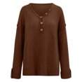 thumbnail image 3 of Gibobby Temperamento Suelto Top de Manga Larga Suéter de punto de manga larga con cuello en V sólido de moda cómoda informal de otoño invierno para mujer (Café, S), 3 of 5
