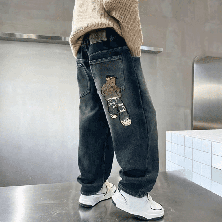 EnJoCho Boys Baggy Jeans Wide Leg Y2𝗄 Denim Pants with Cartoon
