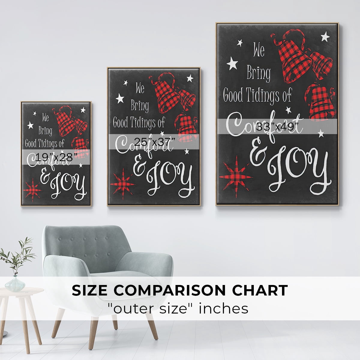 Comfort and Joy in Red - Framed Gallery Wrapped Holiday Canvas - 25 x 37 - Natural Wood Frame