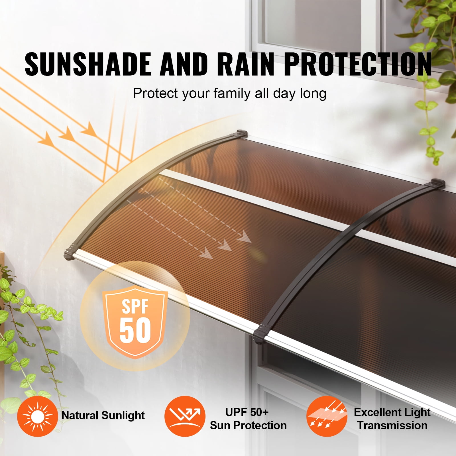 KFFKFF Window Door Awning Canopy 38" x 40" PC Sheet Brown UV Rain Cover, UPF 50+ Outdoor Patio Front Awning Canopy for Rain Snow Sunlight Protection (Brown)