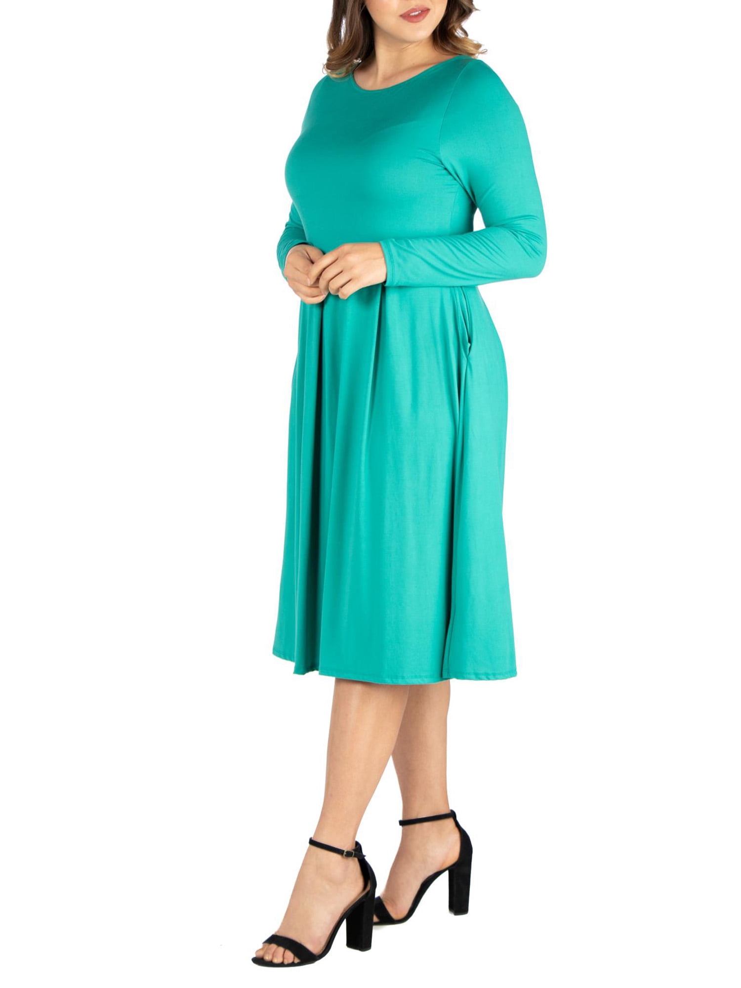 24seven Comfort Apparel Plus Size Chic V-Neck Long Sleeve Belted Dress
