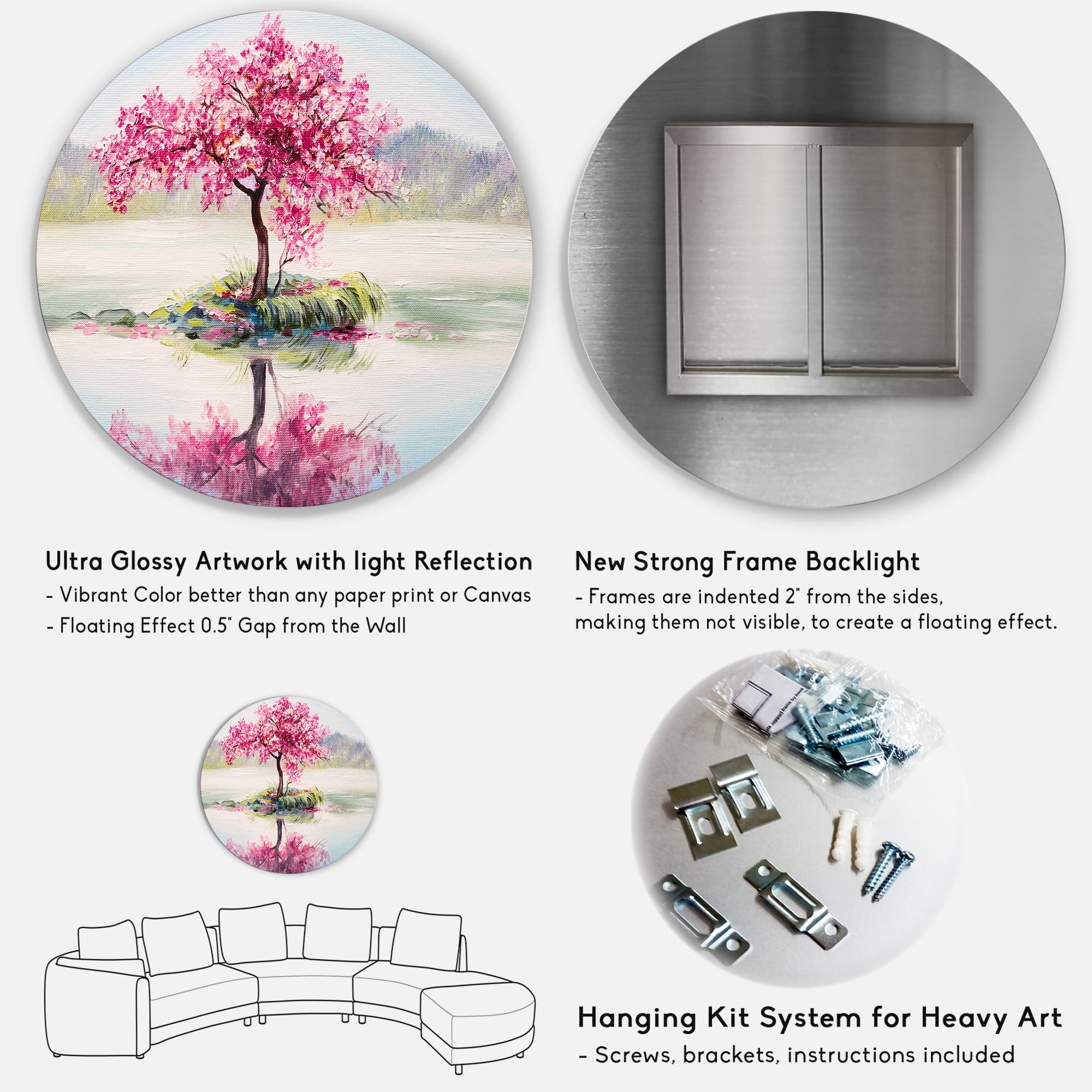 Designart 'Oriental Cherry Pink Tree Sakura On The Lake' Lake House Circle Metal Wall Art 36x36 - Disc of 36