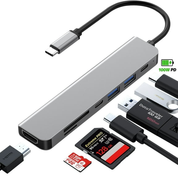 Zyerch 7-Port USB C Hub with 4K HDMI, 100W PD, USB-C & USB 3.0, SD/TF Card Reader