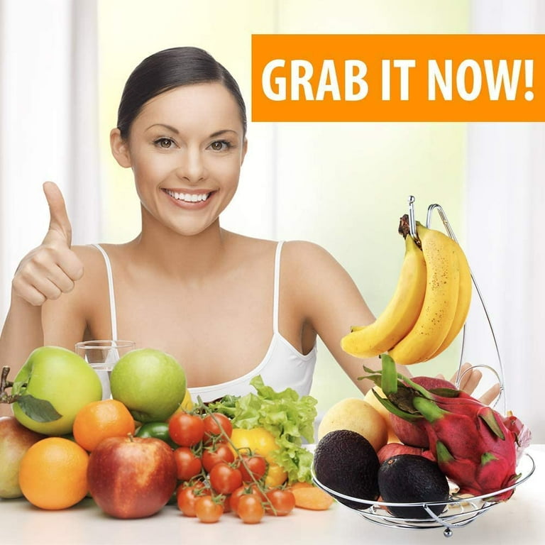 Fruit Basket Bowl with Banana Tree Hanger, Snacks holder Rack Bread Stand for Kitchen Counter, Dining Table