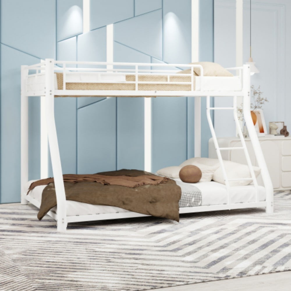 Twin Over Full Metal Bunk Bed, Heavy Duty Frame with Guardrails, Space-Saving Design, Twin & Full Mattress Compatible, Classic White