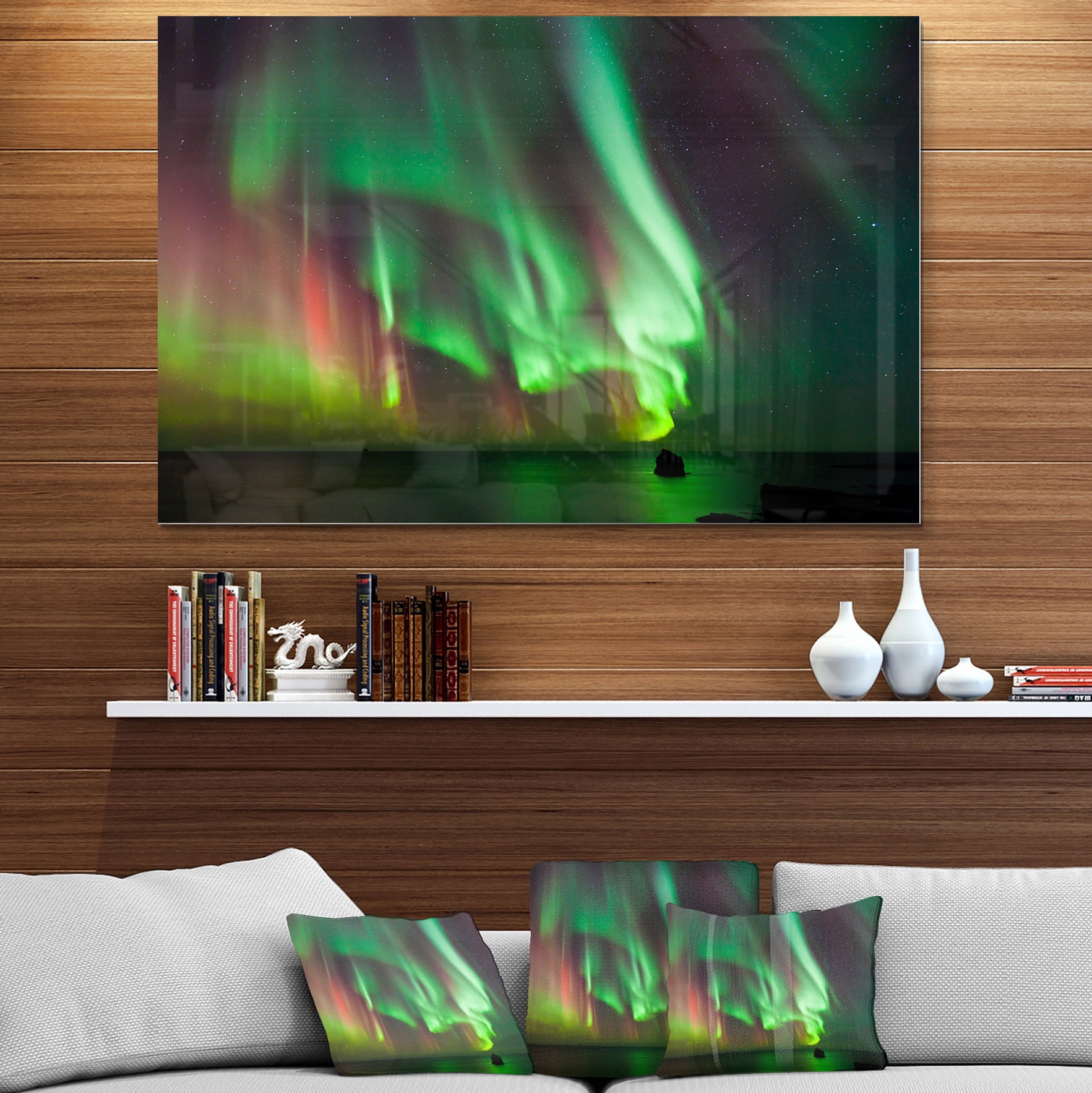 Green Northern Lights Aurora 40.00" x 30.00" Painting Art Prints, by Designart