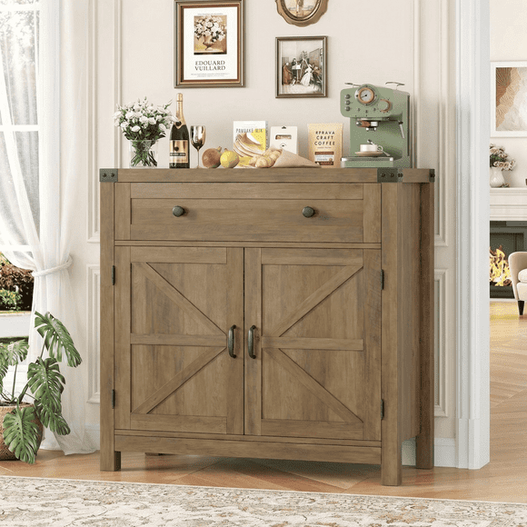Homfa Kitchen Buffet Sideboard with Drawer, Compact Coffee Bar with Adjustable Shelf for Dining Room, Rustic Brown