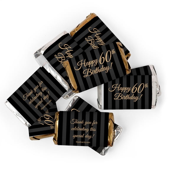 100ct 60th Birthday Mini Wrappers for Party Favors - Fits Hershey's Miniatures - Black and Gold - Candy Not Included