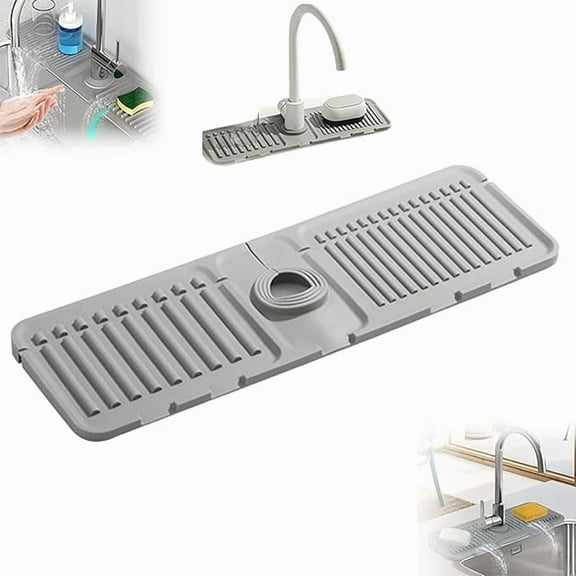 Faucet Guard & Draining Mat, 2024 Upgraded Kitchen Sink Splash Guard, 5° Slope Silicone Draining Mat for Kitchen Sink, with Soap Dispenser & Sponge Holder, Water Drip Catcher Tray (Gray)