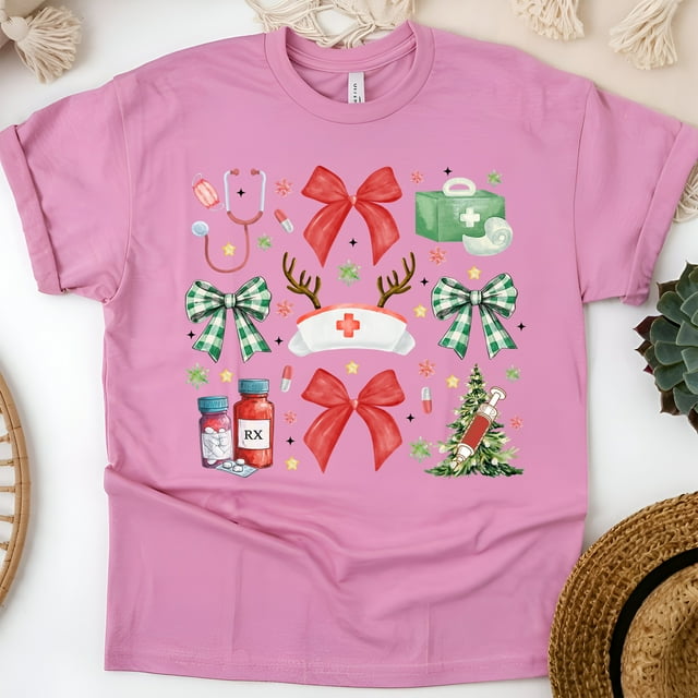 Chemise à Nœud de Vacances pour Infirmière / T-Shirt Graphique Médical de Noël, Azalée, Taille P