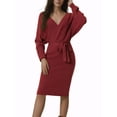thumbnail image 2 of INSPIRE CHIC Women's Midi Dress Deep V Neck Batwing Long Sleeve Belted Wrap Sweater Dress M Red, 2 of 6