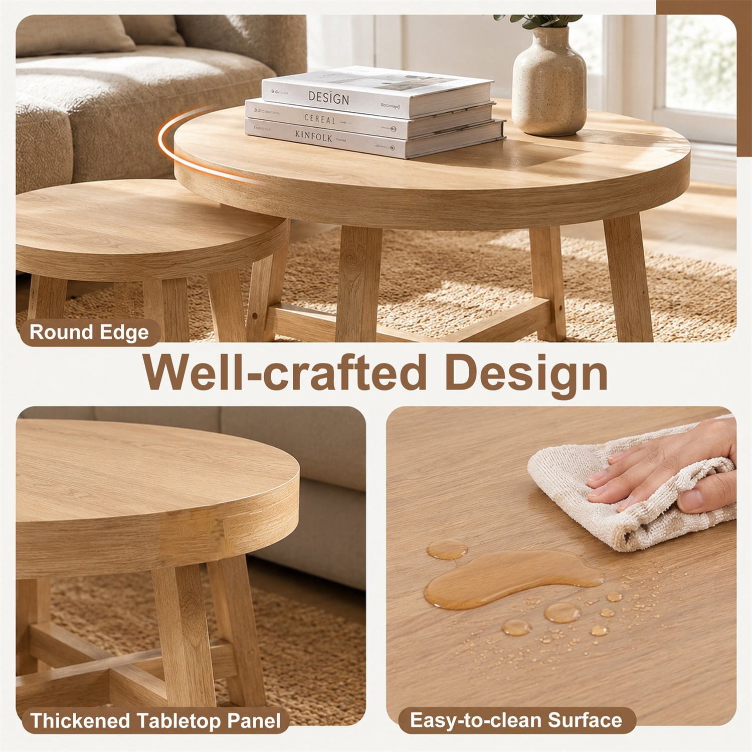 Hommoo 2-Piece Round Nesting Coffee Tables Set, X-Frame Stackable Modern Side Tables for Living Room, Bedroom & Balcony, Natural