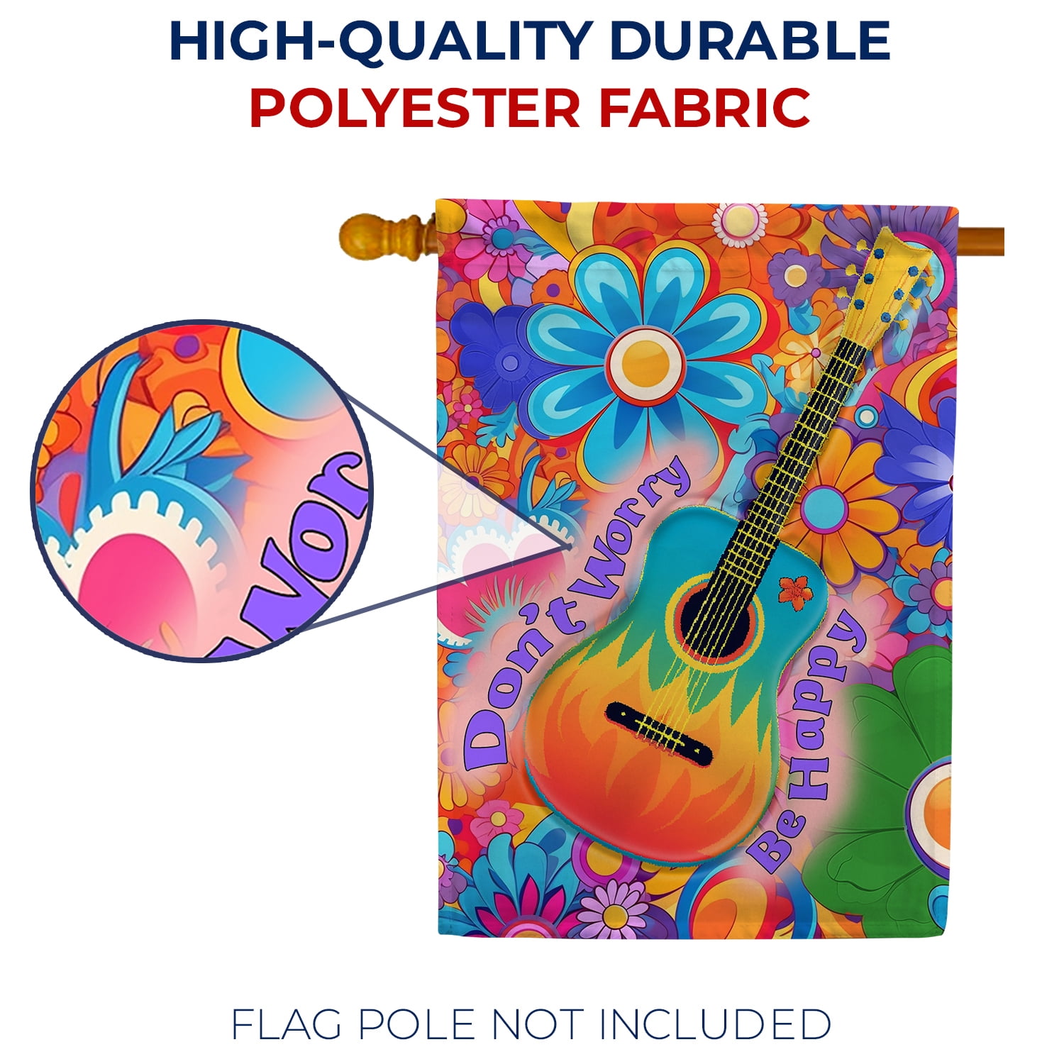 America Forever Don't Worry Be Happy House Flag 28 x 40 inch Double Sided Guitar Music Flowers Hippie Positive Message Outdoor Yard Flag