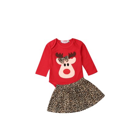 

FOCUSNORM Christmas Baby Girls Outfit Bowknot Deer Long Sleeve Romper Leopard Skirt Set Infant Baby Clothes