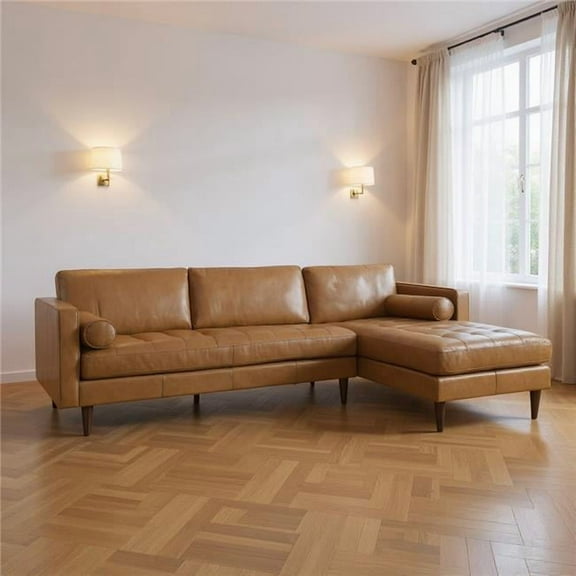 HomeRoots 607316 Tan Genuine Leather L Shaped Sofa & Chaise Sectional with Toss Pillows