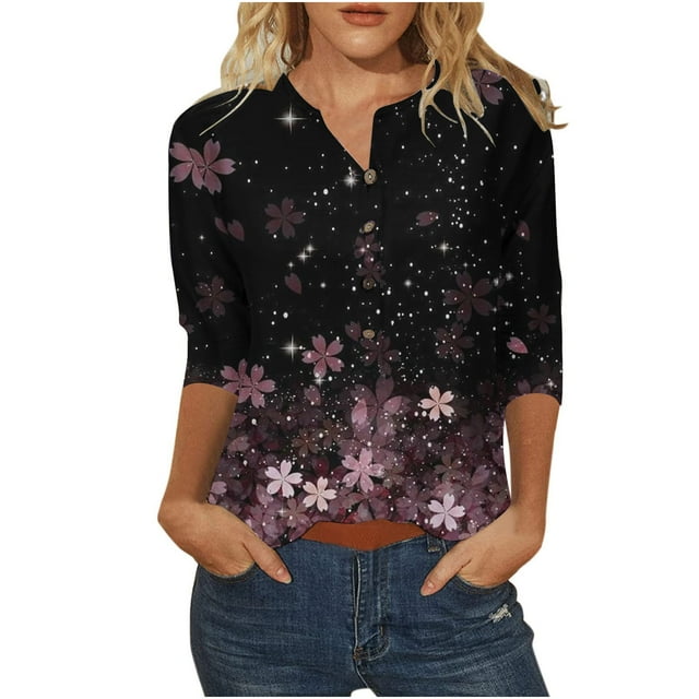 Pompotops Mode Trois Quarts Manches Rétro V-Cou Chemisier Imprimé Tops Lâches Femmes
