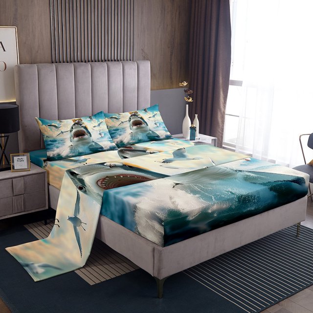 Erosebridal Cat Riding Shark Queen Sheet Sets,Ocean Theme Bedding Sets Queen Size,Animal Decoration,Ultra Soft,4-Piece