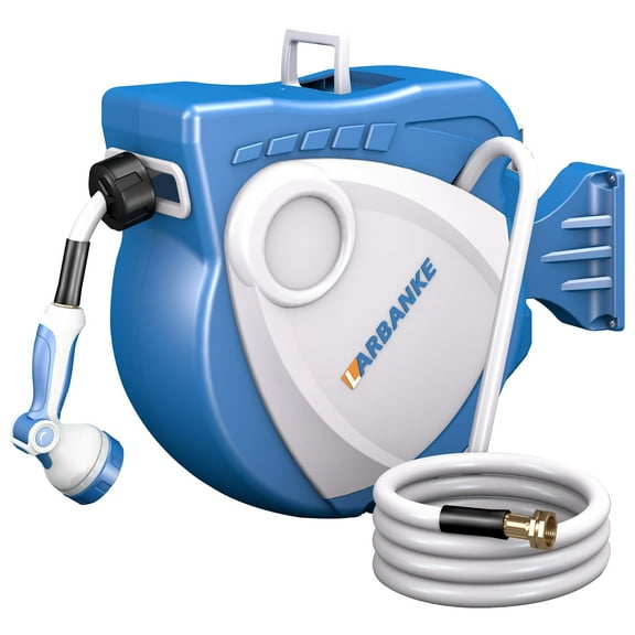 Retractable 100ft Garden Hose Reel with Auto Rewind - 10-Pattern Nozzles, Any Length Lock/180°Swivel Bracket,with Bottom Leak Hole for Cleaning of Water Pipes