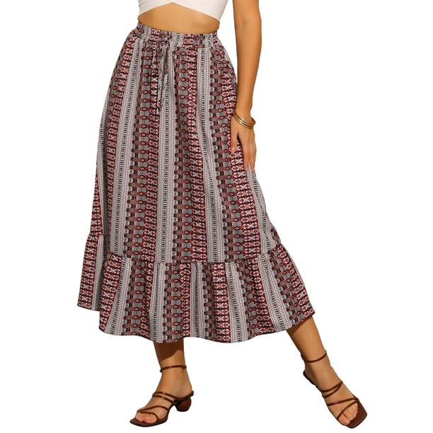 Falda midi impresa de verano bohemia para mujer, con cintura alta elástica, estilo A, color rojo oscuro, talla S