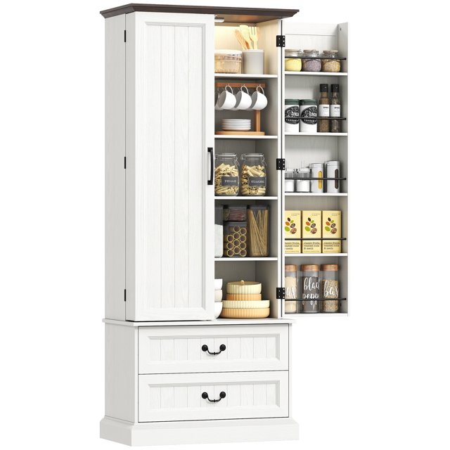 HOMCOM Armoire de Garde-Manger de Cuisine 72 Pouces, avec Lumière DEL et Étagères de Porte, Blanc